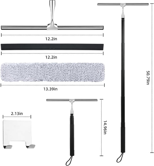 Toncoke 2 in 1 Window Squeegee, Shower Squeegee Window Cleaning Kit with Extension Pole Long Handle Squeegee for Shower Glass Floor Bathroom Home Outdoor, 12 inch Wide, Black