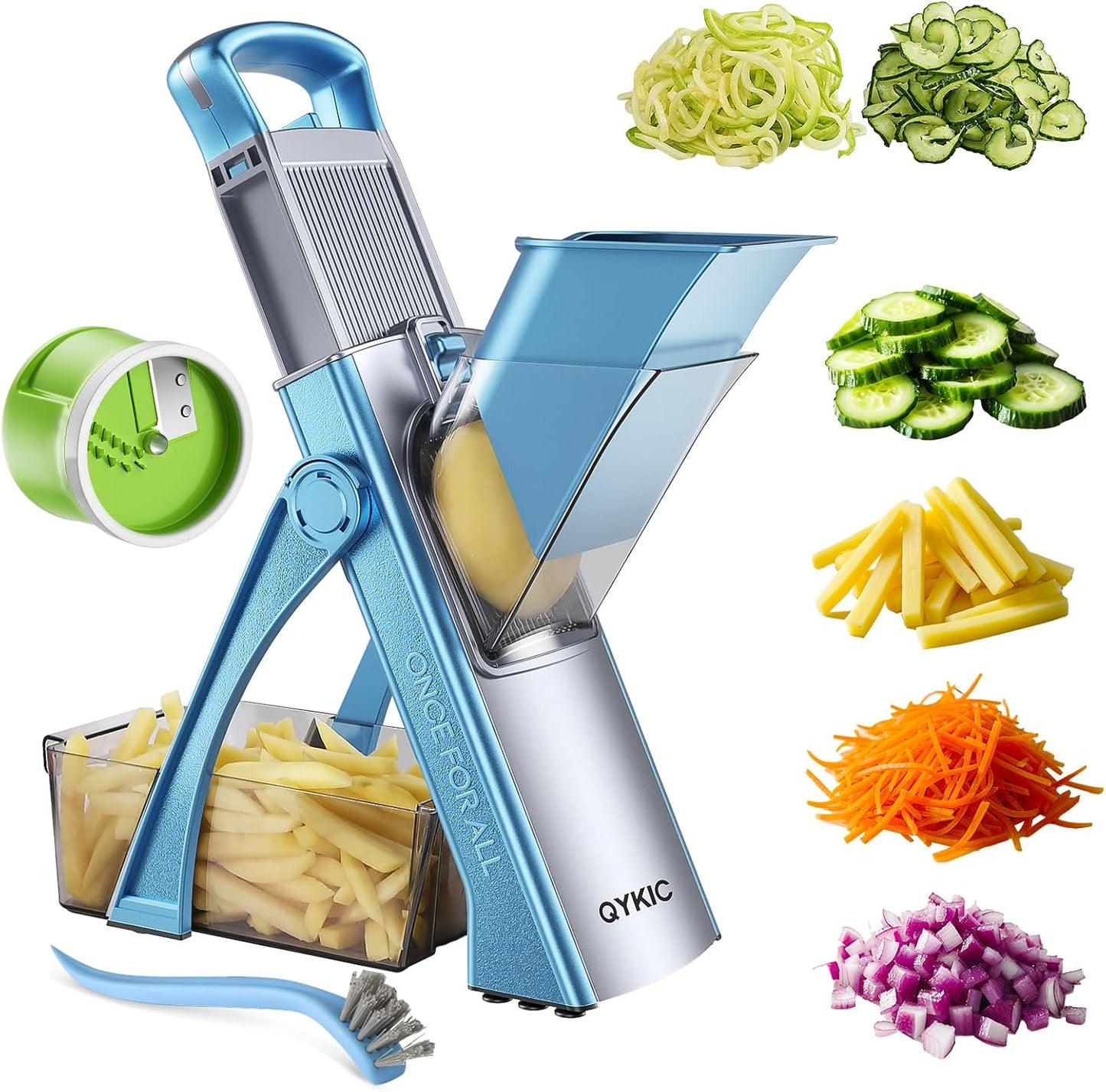 QYKIC Safe Mandoline Slicer for Kitchen, Adjustable Potato Slicer Pro | 0.1-8mm Vegetable Chopper Fry Cutter Julienne Dicer Large Chute Stainless Steel Blades Detachable Dishwasher Safe Gifts