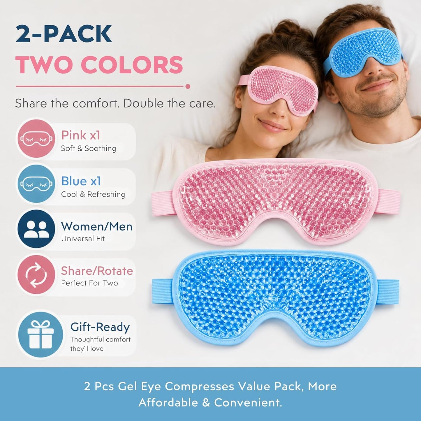 Gel Eye Mask, 2 Pack Cooling Eye Mask for Puffiness & Dark Circles, Hot/Cold Reusable Ice Packs with Flexible Beads, Full Coverage Compress Sleeping Mask with Adjustable Soft Plush Strap for Women Men