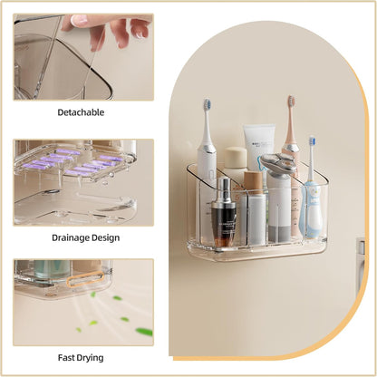 Toothbrush Holder Wall Mounted,Detachable Toothbrush and Toothpaste Holder | with Divider for Bathroom, Anti-Slip Electric Tooth Brush Holder Set with Drainage, Bathroom Accessory - Clear