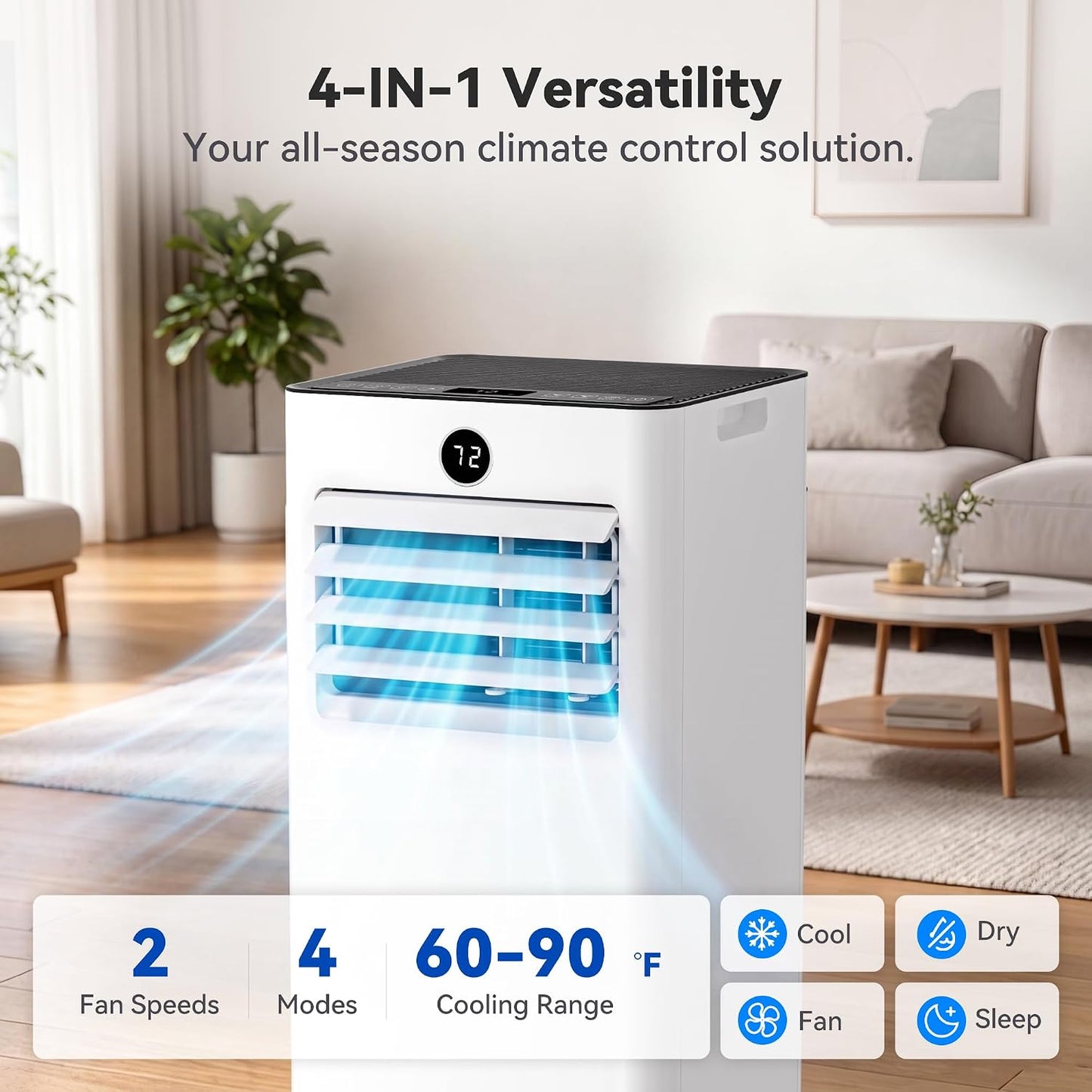 14000BTU Portable Air Conditioner, 4-in-1 700 Sq. Ft, Quiet for room | 14000BTU AC cools 700sq.ft, 4-in-1 cool/fan/dry/sleep, quiet, LED, remote, 24H timer, kit, for bed/office/dorm.