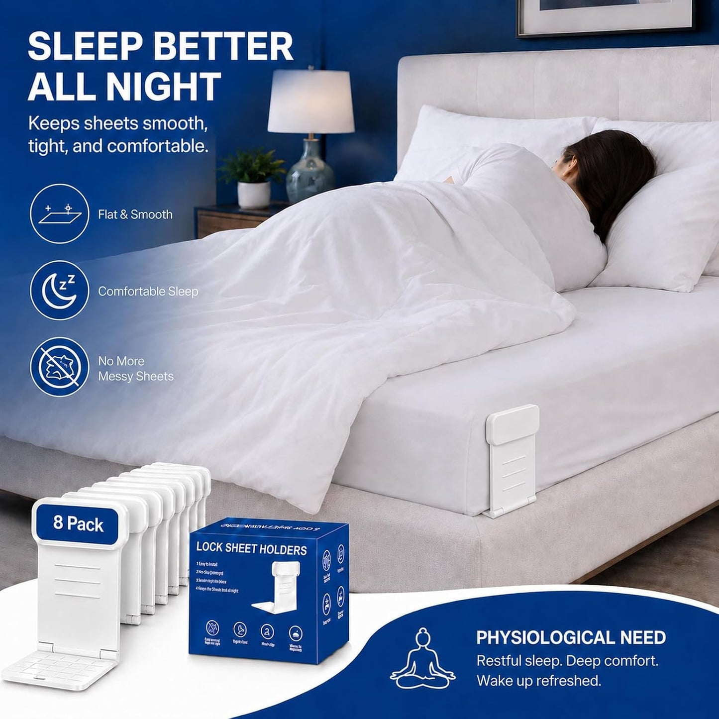 8pcs Bed Sheet Holders for Corners for King and Queen Beds Bed ABS&PC, 10 Non-Slip Mats, 180 Degrees Fold, Snap-Fastener Design, Adjustable Strap Clips, Tight Grippers - White Large