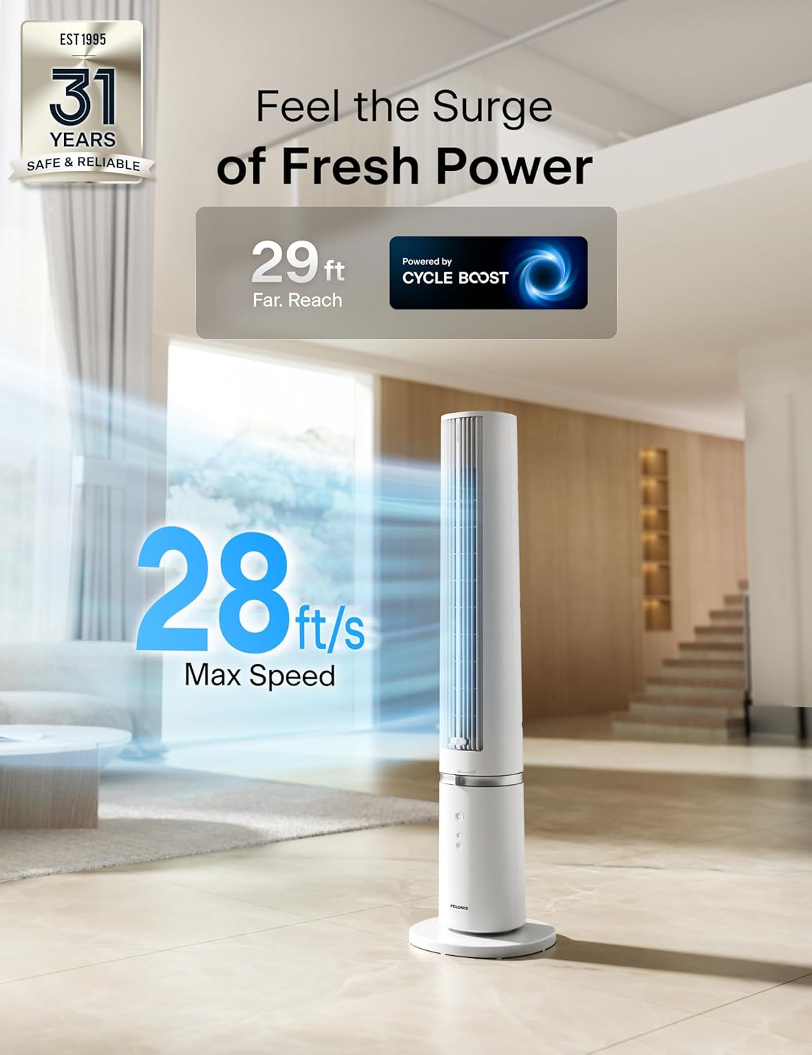 PELONIS 40-Inch Oscillating Tower Fan with Remote for Bedroom, White | Standing Cooling Fan, Washable Design, 2000 CFM, 28ft/s Airflow, 4 Speed, 2 Modes, 90° Oscillation, 23dB Quiet, 7-Hr Timer