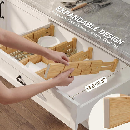 Bamboo Drawer Dividers, Expandable Kitchen Drawer Organizer | Include 6 Dividers, 6 Small Inserts and 6 Medium Inserts for Home, Office, Dressers