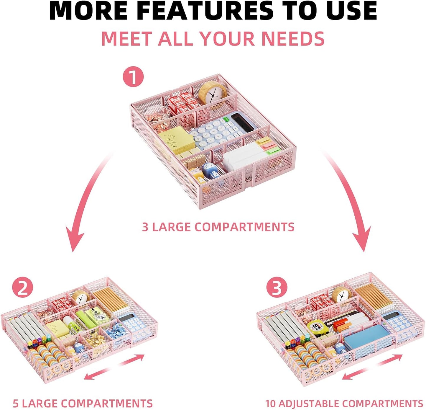 Marbrasse Expandable Desk Drawer Organizer, Mesh Drawer Organizer Tray with 10 Adjustable Compartments, Desk Organizers and Accessories, 5 Dividers Drawer for Office Supplies, Makeup & Vanity (Black)