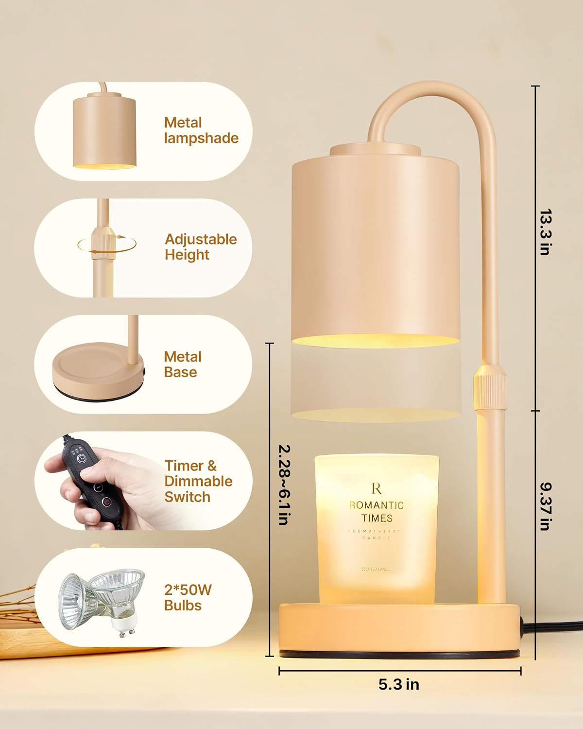 CASTLELIFE Dimmable Candle Warmer Lamp with Timer, Height Adjustable Candle Warmer for Jar Candles, Electric Wax Melt Warmer for Home Decor House Warming Gifts, Birthday Gifts for Women, Black Clear