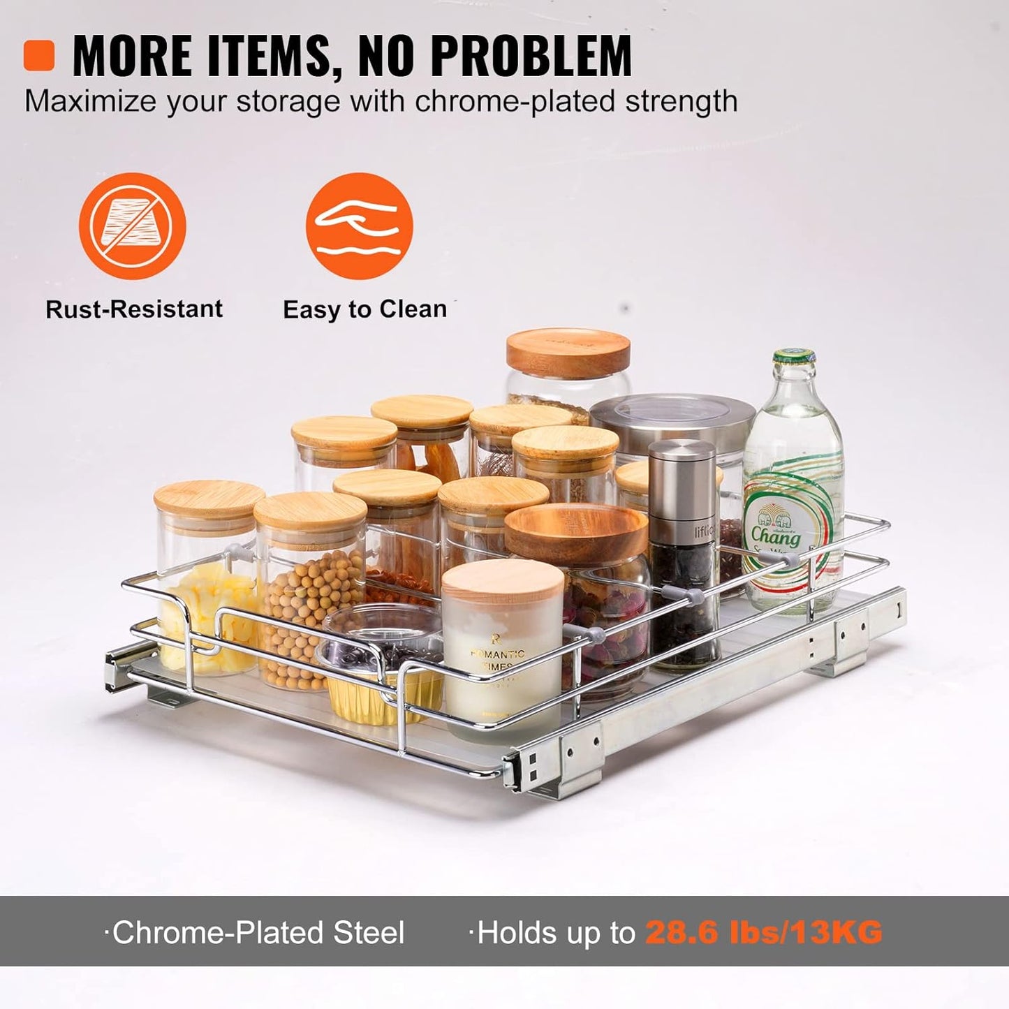VEVOR 18.5"Wx21"Dx3.5"H Pull Out Cabinet Organizer, Heavy Duty Slide Out Pantry Shelves, Chrome-Plated Steel Roll Out Drawer, Drawer Storage for Home Under Sink, 20"Wx22"Dx7"H Install Size for Cabinet