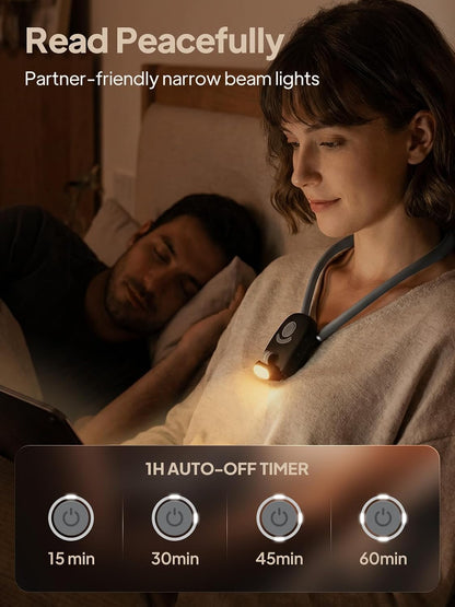 Neck Reading Light - Flexible Neck Book Light in Bed 3 Colors Hands free | Flexible Silicone Neck Holder, Stepless Dimming, 10 Brightness, 1H Timer, 80H Rechargeable, 2000mAh, USB-C, Eye Care