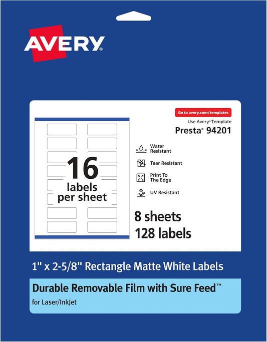 Avery® Durable Removable Rectangle Labels, Sure Feed® Technology, 1" x 2-5/8", Matte White Film, Water-Resistant, Print-to-The-Edge, Laser/Pigment-Based Inkjet Printable, 128 Total