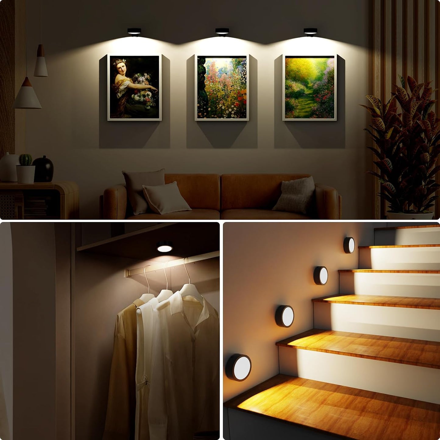 3 Pack Picture Lights for Wall, Rechargeable Battery Operated wall lights, Picture Frame lights with 3 Lighting Modes, Wireless Magnetic Painting Light with Remote Control Timer (White, 3 Pack)
