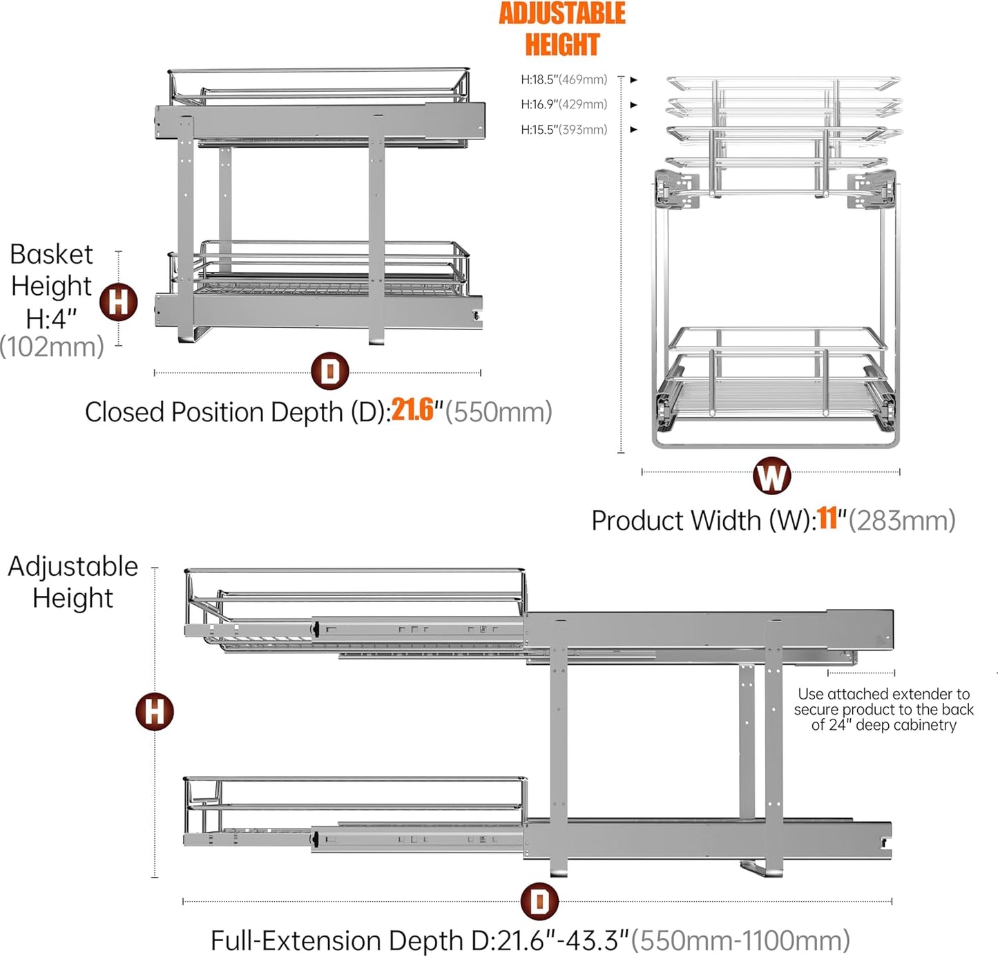 2-Tier Cabinet Pull Out Shelves, 14" W x 22" D, Chrome | Heavy-Gauge Wire Kitchen Cabinet Organizer, 100 lbs Capacity, Ball-Bearing Glides, Min 15" Opening, For Tupperware & Bowls