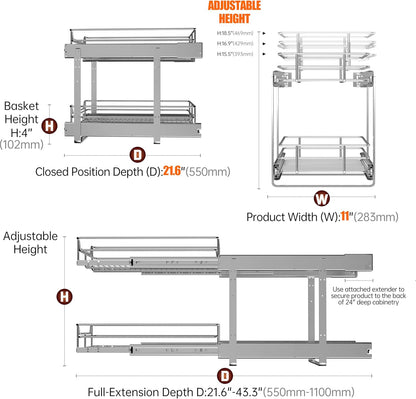 2-Tier Cabinet Pull Out Shelves, 14" W x 22" D, Chrome | Heavy-Gauge Wire Kitchen Cabinet Organizer, 100 lbs Capacity, Ball-Bearing Glides, Min 15" Opening, For Tupperware & Bowls