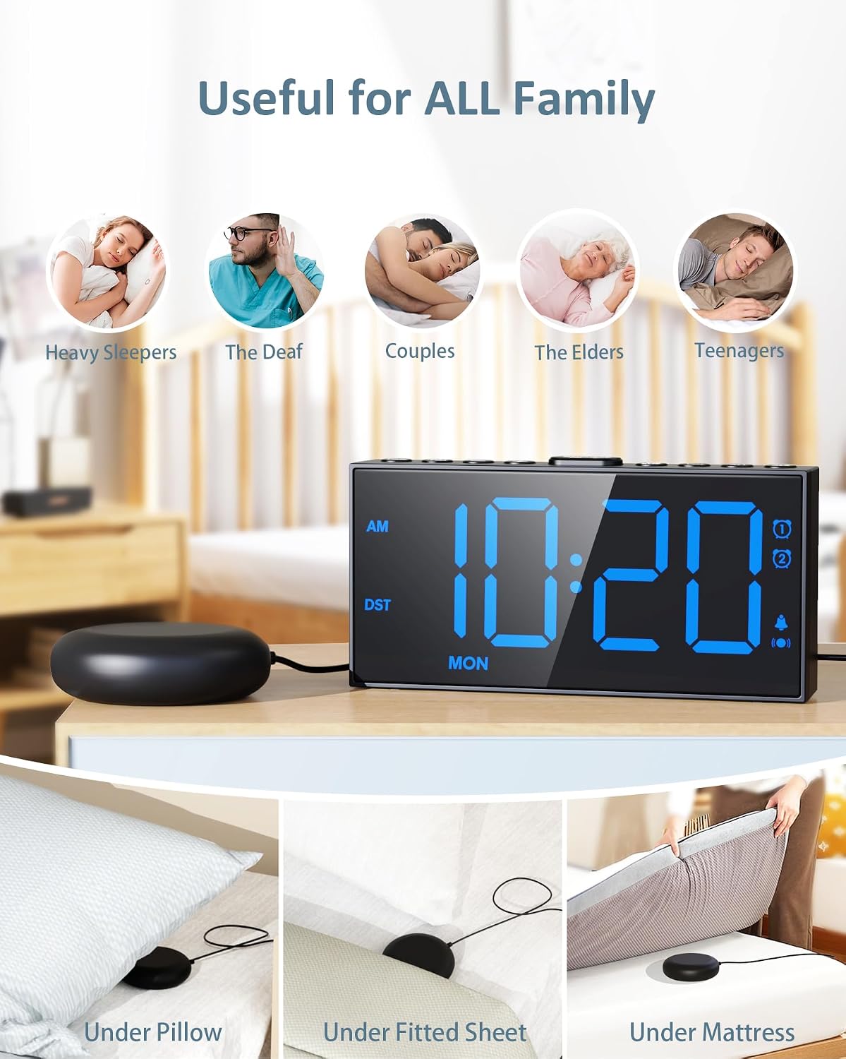 Roxicosly Vibrating Alarm Clock with Bed Shaker for Heavy Sleepers, 3-Level Vibration, Dual Alarms with Weekday & Weekend Mode, Large Digits, Dimmer, Snooze, USB Charger, Battery Backup