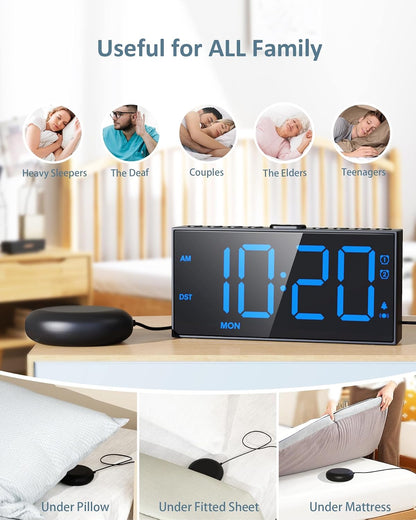 Roxicosly Vibrating Alarm Clock with Bed Shaker for Heavy Sleepers, 3-Level Vibration, Dual Alarms with Weekday & Weekend Mode, Large Digits, Dimmer, Snooze, USB Charger, Battery Backup