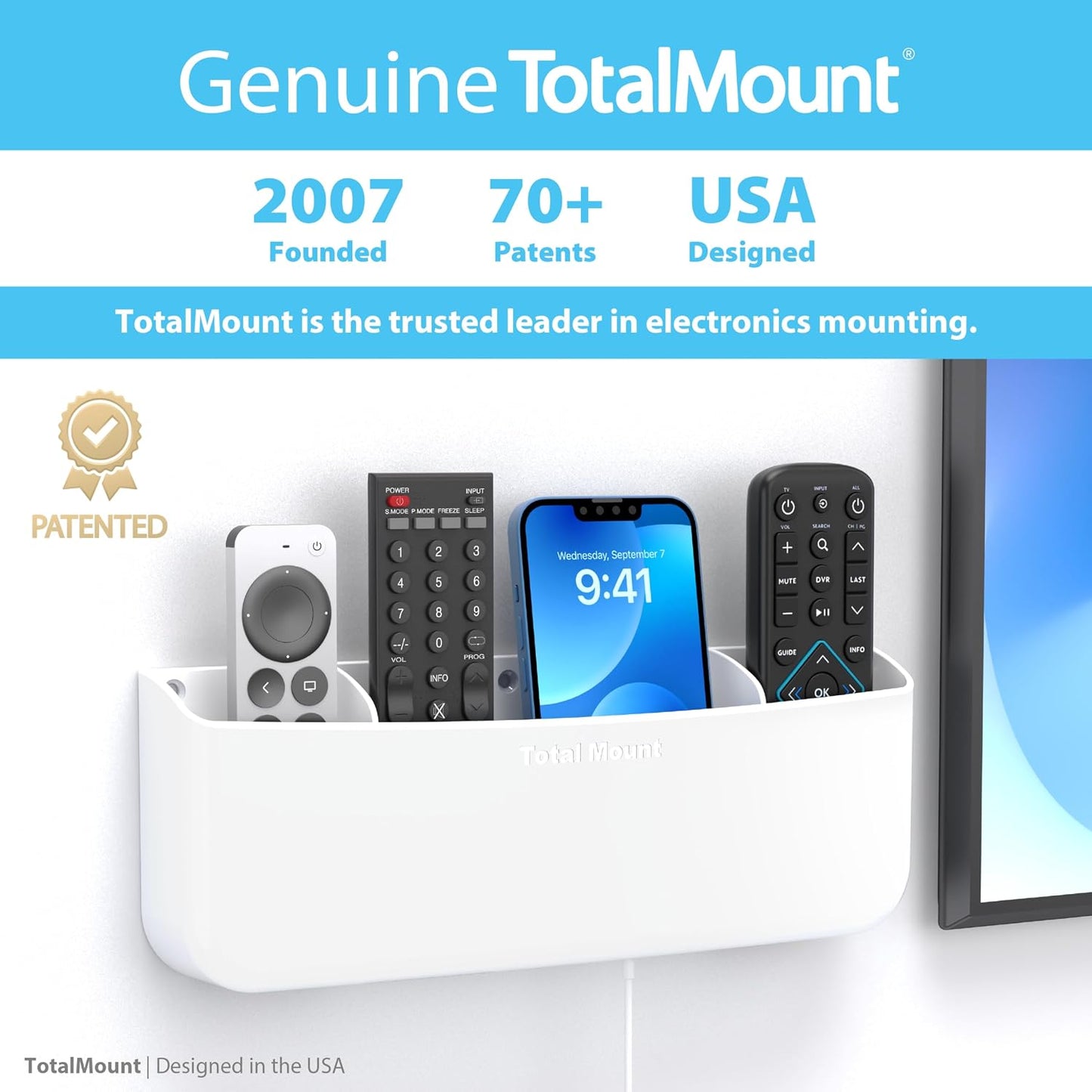 TotalMount Drop-Free Remote Holder – Removable Adhesive Strips – XL Black | Designed in the USA – Simply Put the Remotes In – No Tricky Magnet Alignment Needed (Holds 3 or 4 Remote Controls)