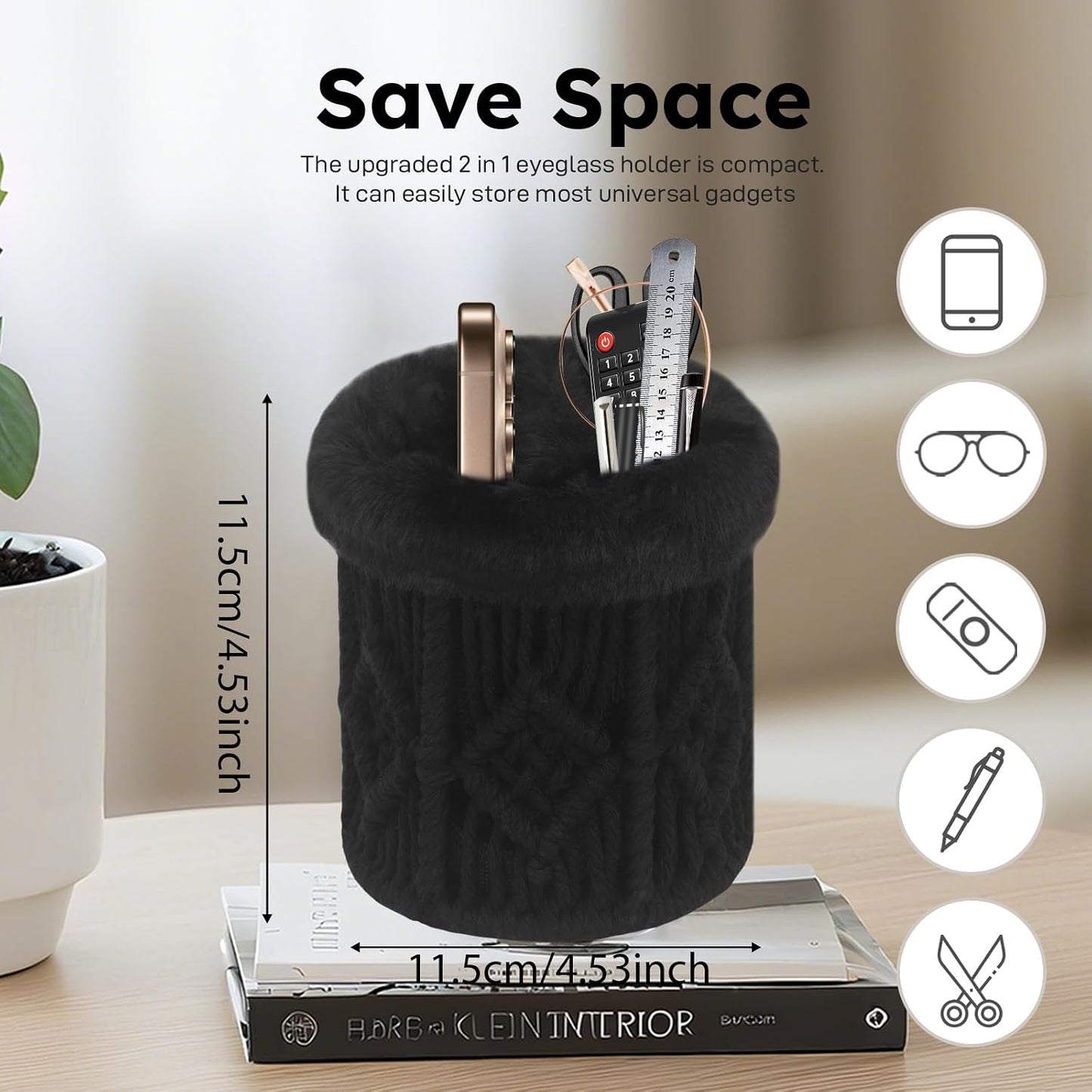 2 in 1 Glasses Holder, Anti-scratch Plush Lined Eyeglass Holder Stand for Nightstand Desk Eye-glass Storage Organizer