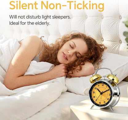 4.5" Metal Loud Alarm Clock for Heavy Sleepers Adults, Analog Battery Operated Alarm Clock with Bells Glow in Dark Numbers, Silent Old School Bedside Desk Clock for Bedroom Office Kids, Black