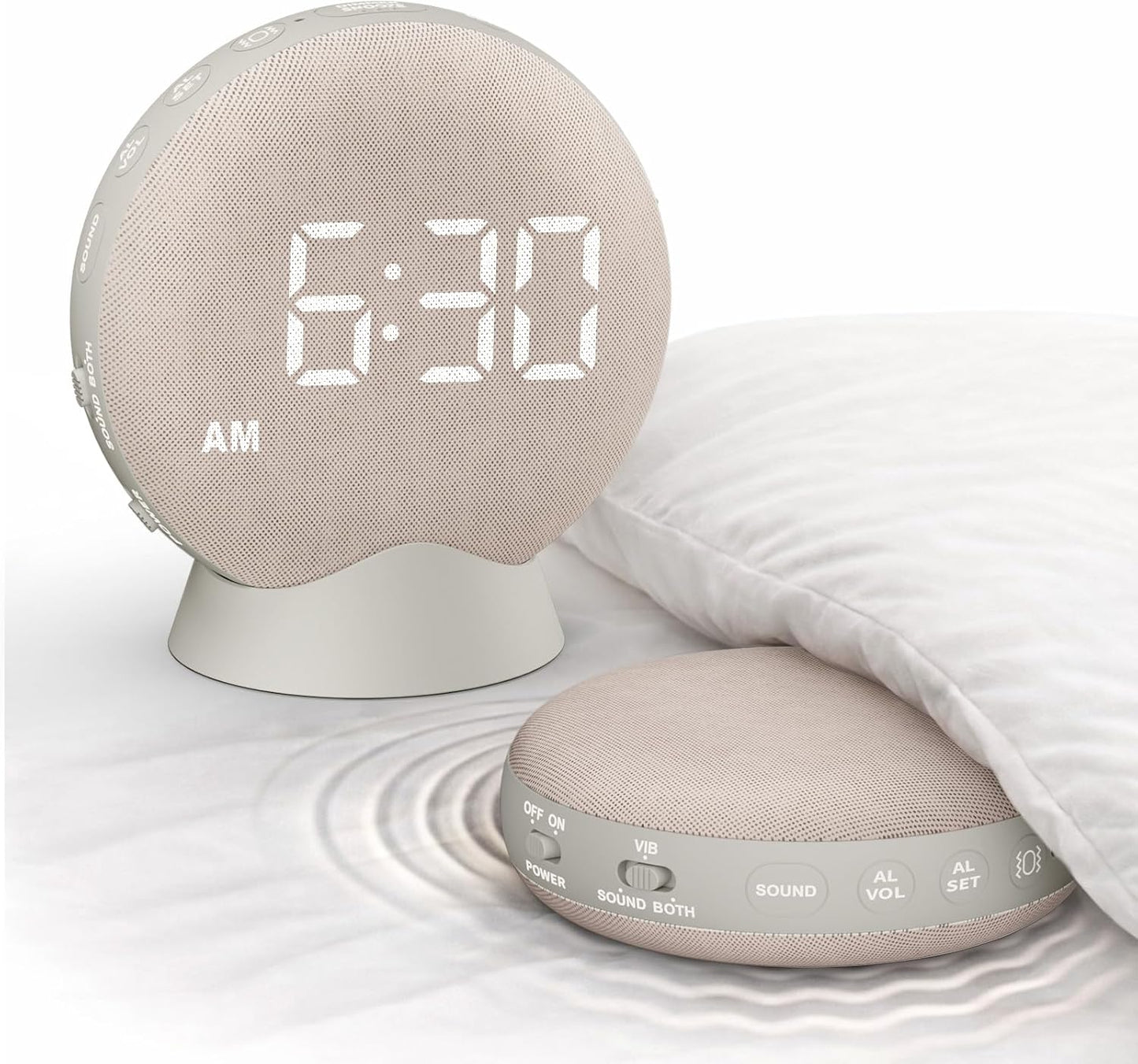 SolaceRise Extra Loud Alarm Clock Vibrating Bed Shaker for Heavy Sleepers | Auto-Dim Digital Clock for Hearing Impaired Deaf - Portable Rechargeable Battery for Bedroom Travel Dorm - Putty