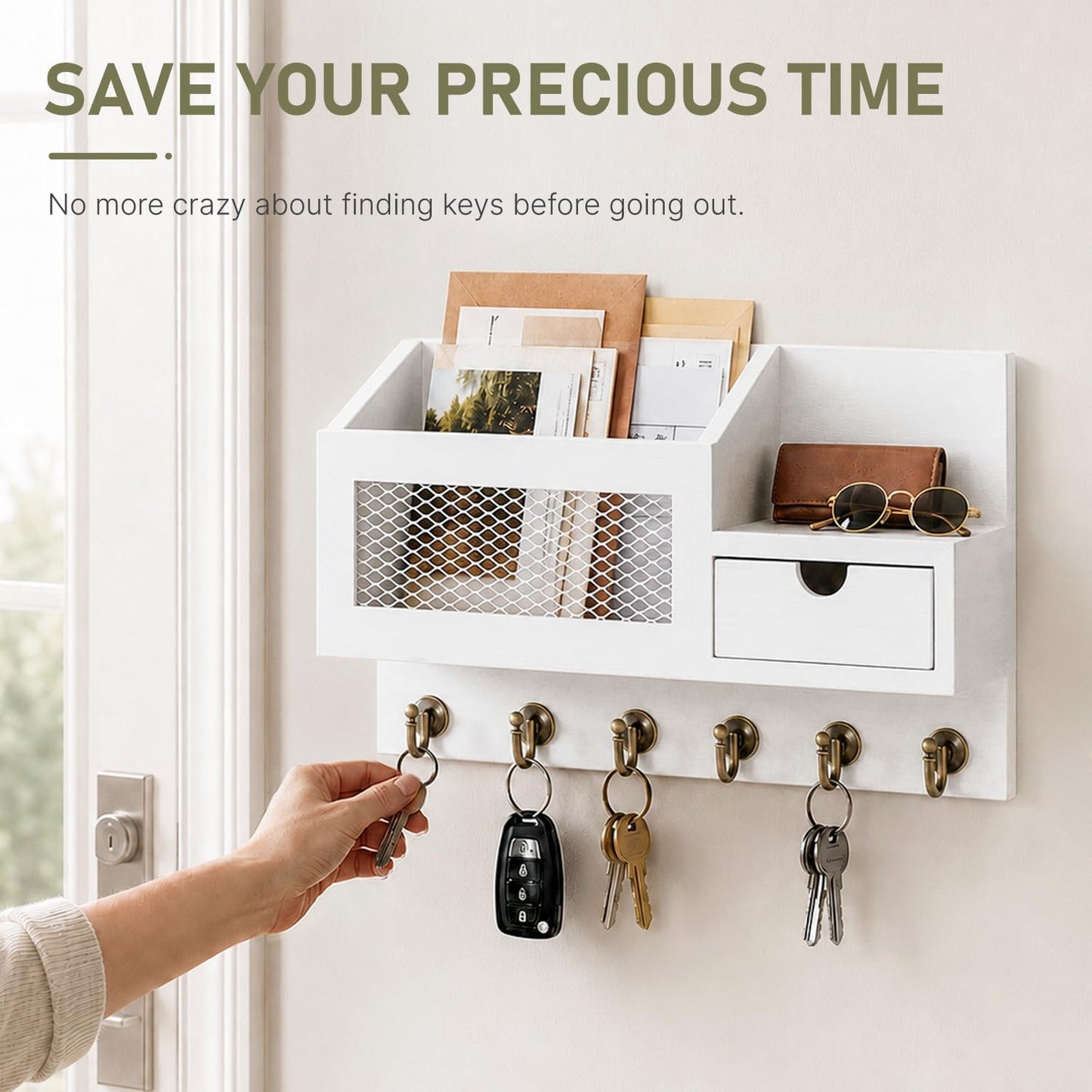 FifthQuarter Key and Mail Holder Wall Mount with Drawer and 6 Sturdy Hooks | Cute Rustic Farmhouse Wooden Key Hanger, Reliable Entryway Organizer for Keys and Daily Essential, Easy Installation, A-White