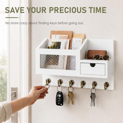 FifthQuarter Key and Mail Holder Wall Mount with Drawer and 6 Sturdy Hooks | Cute Rustic Farmhouse Wooden Key Hanger, Reliable Entryway Organizer for Keys and Daily Essential, Easy Installation, A-White