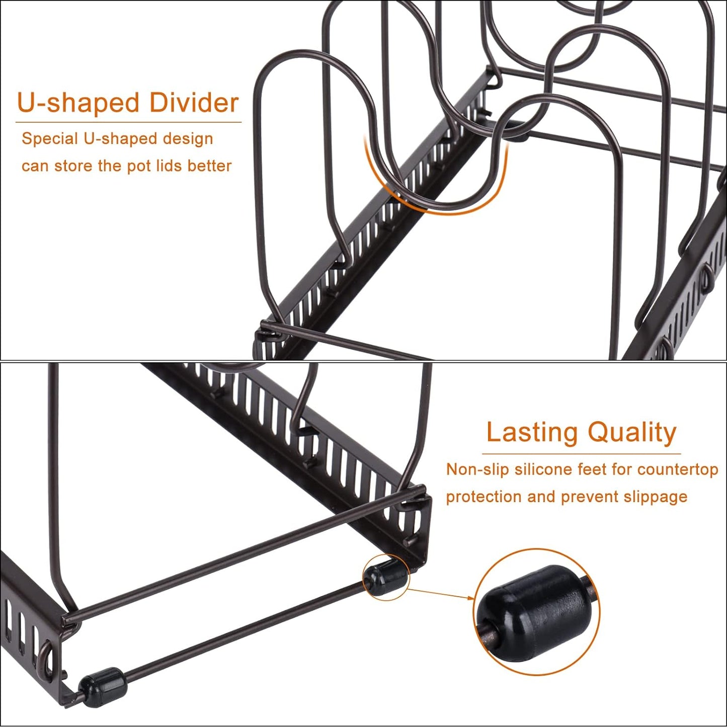 Toplife Pot Lids Organizer Rack for Cabinet and Countertop, 7+ Pan Lids and Bakeware Organizer Rack Holder with 7 Adjustable Compartments - Black