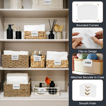 12pcs White Basket Labels Removable PVC Labels | Clip On for Storage Bins, Removable PVC Labels for Baskets with Holders, 3.5x2.7 Inches