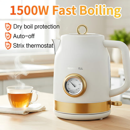 Retro Electric Tea Kettle, 1.7L, Matte White and Gold | 304 Stainless Steel, 1500W Fast Boiling, Auto Shut-Off, Boil-Dry Protection, BPA-Free, Thermometer, Retro Kitchen Appliances