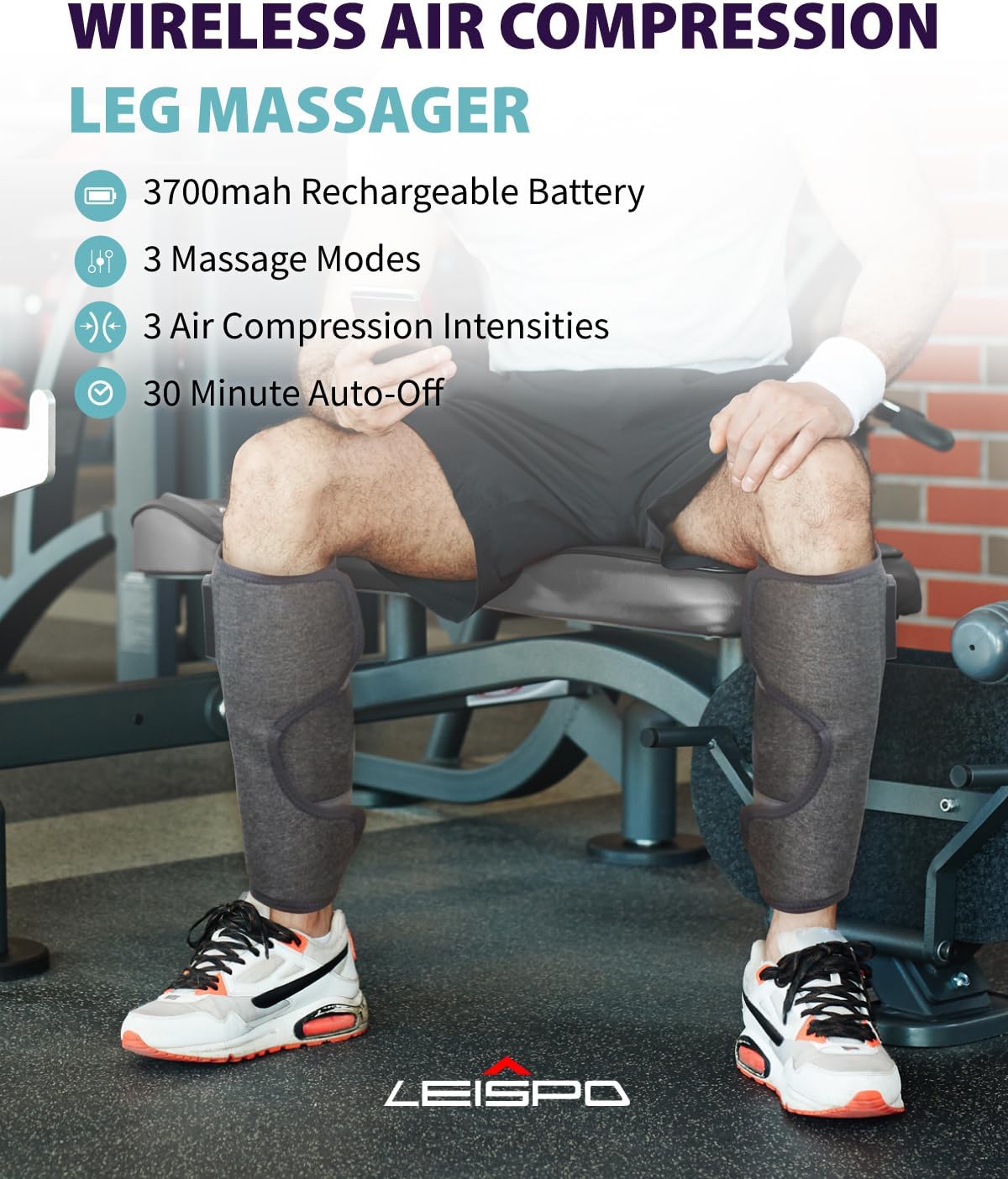 Wireless Leg Massager - Air Compression Cordless Calf Massager with Heat for Circulation, Pain Relief, and Recovery, 4 Modes & 3 Intensities, Portable and Adjustable (Gray, Set of 2)