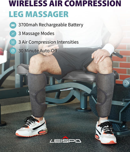 Wireless Leg Massager - Air Compression Cordless Calf Massager with Heat for Circulation, Pain Relief, and Recovery, 4 Modes & 3 Intensities, Portable and Adjustable (Gray, Set of 2)