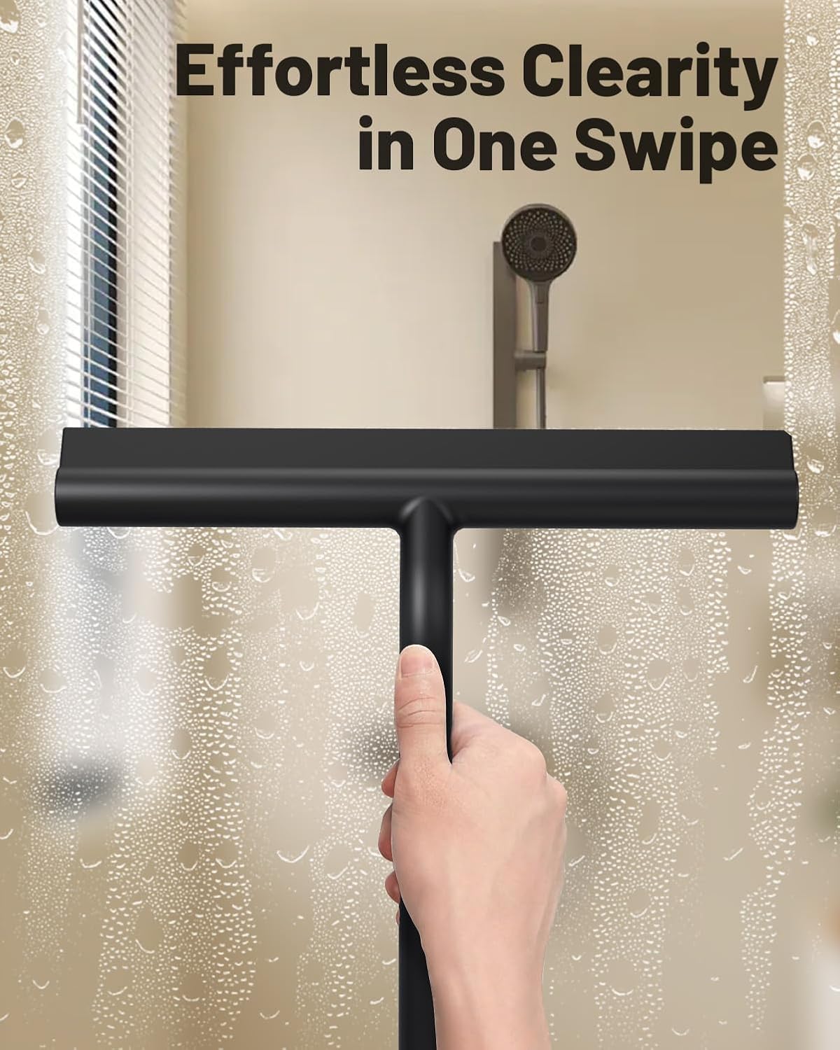 2-in-1 Silicone Shower Squeegee with Hook,Dual-Sided Design with Scraper & Scrub Surface,Rust-Proof Stainless Core,Streak-Free Bathroom Squeegee for Glass Doors,Mirrors,Windows,Car Windshields (Black)