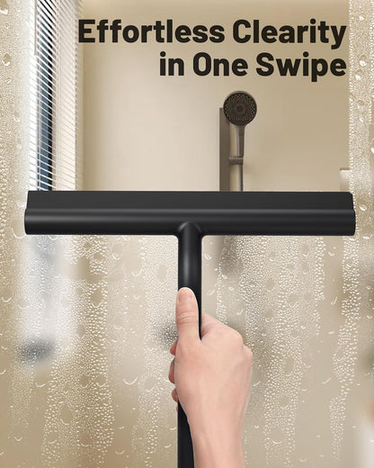 2-in-1 Silicone Shower Squeegee with Hook,Dual-Sided Design with Scraper & Scrub Surface,Rust-Proof Stainless Core,Streak-Free Bathroom Squeegee for Glass Doors,Mirrors,Windows,Car Windshields (Black)