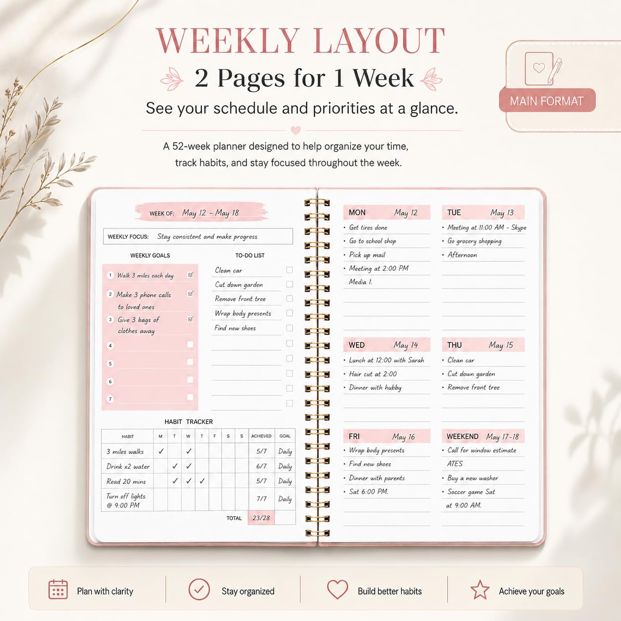 Undated Weekly Planner With Habit Tracker & To Do List 5.7 x 8.0 inch | Avoid Unfocused Busywork,Productivity Organizer,No-Bleed Thick Pages,Portable Size,Lay-Flat Spiral for Hands Free