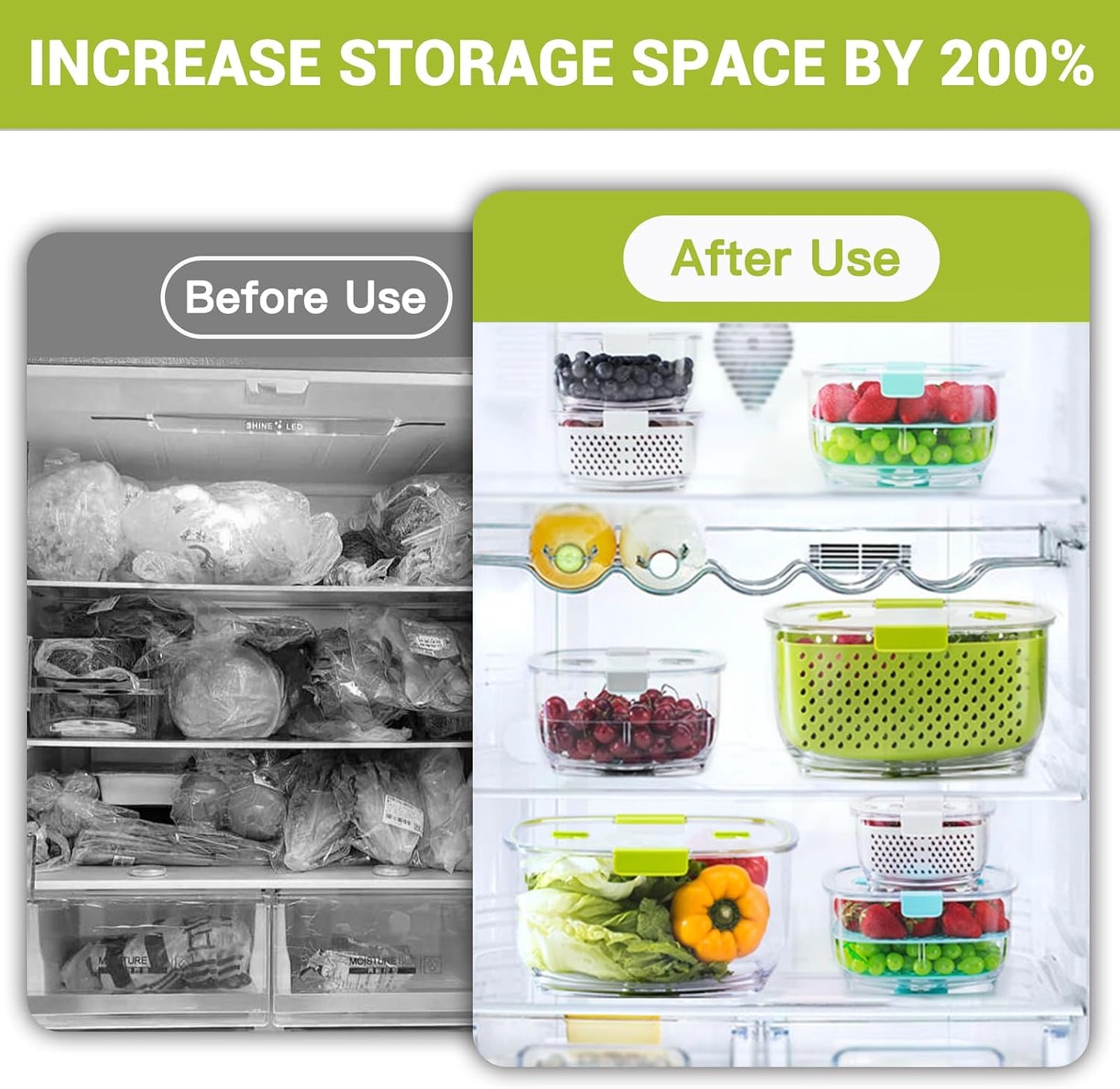 LUXEAR Fresh Produce Vegetable Fruit Storage Containers 3Piece Set, BPA-free, Partitioned Salad Container, Fridge Organizers, Used in Storing Fruits Vegetables, White