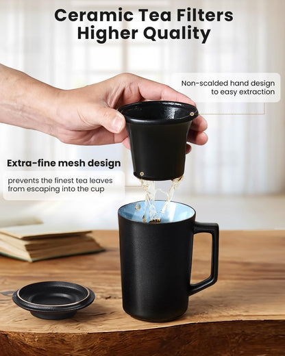 15 oz Ceramic Tea Infuser Cup with Lid - Tea Mug with All Porcelain Strainer for Loose Leaf Teas,Microwave and Dishwasher Safe,Metal-Free,BPA-Free for Tea Lovers/Birthday (Black)
