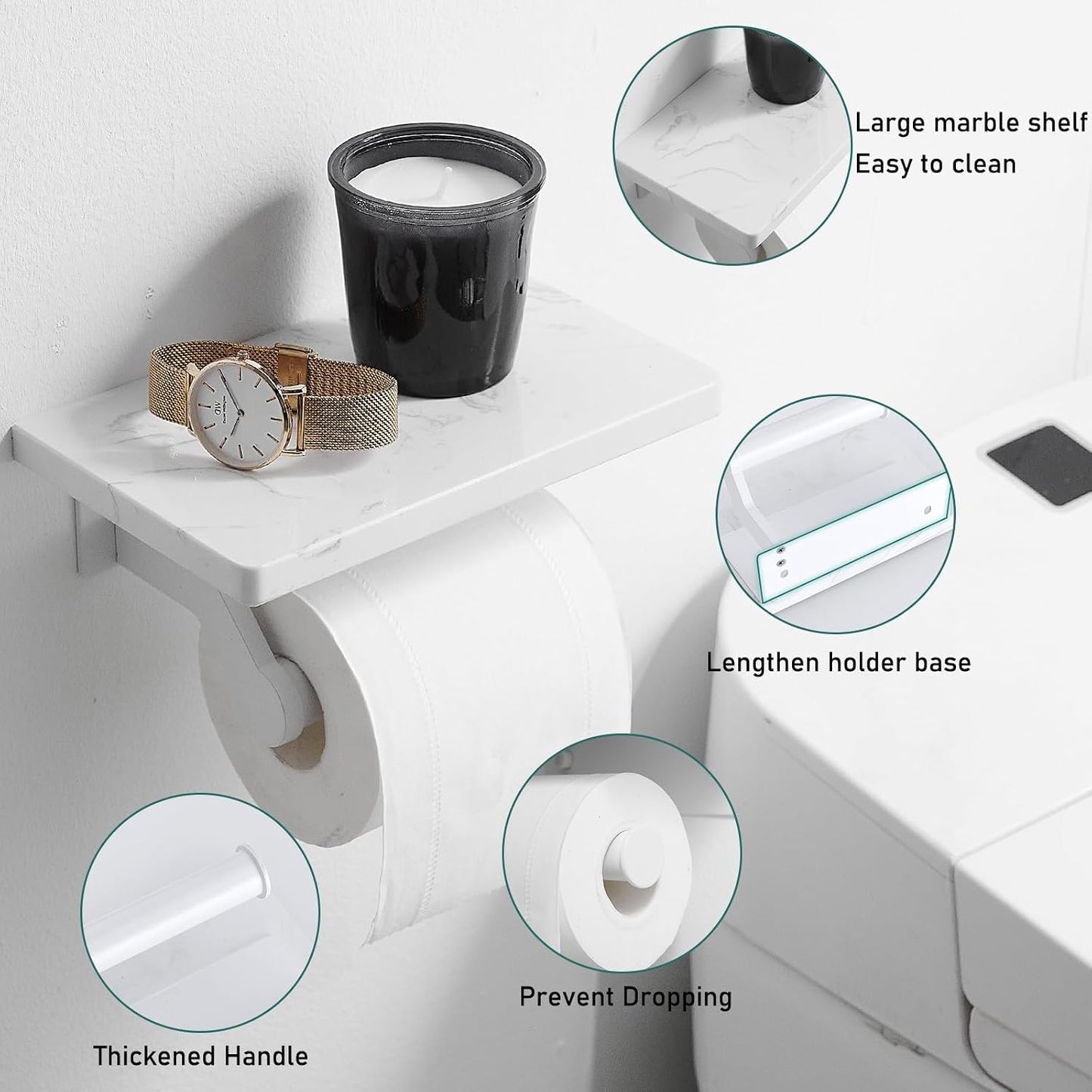 Hoimpro Toilet Paper Holder Wall Mounted, Marble Tissue Roll Rack | Brushed Gold | White Natural Marble Shelf Hand Paper Roll Holder, for Bathroom Kitchen Washroom Bedroom Aluminum