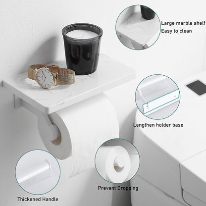 Hoimpro Toilet Paper Holder Wall Mounted, Marble Tissue Roll Rack | Brushed Gold | White Natural Marble Shelf Hand Paper Roll Holder, for Bathroom Kitchen Washroom Bedroom Aluminum