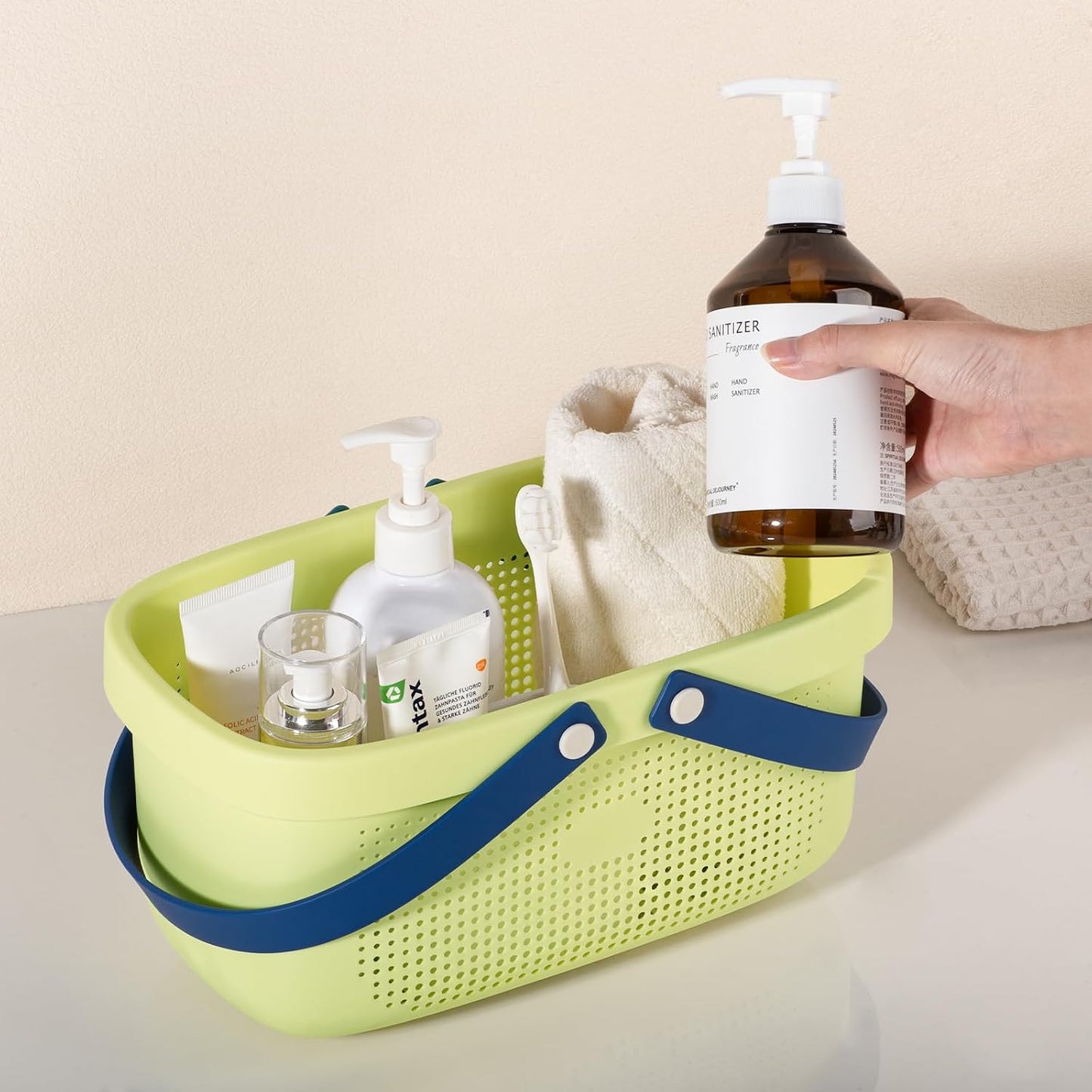 JiatuA Plastic Storage Basket with Handle Portable Shower Caddy Tote Organizer Basket Bin for Bathroom Kitchen Dorm Room Bedroom, Green | Sturdy Drainage Large Capacity Organizer Basket with Silicone Handles for Bathroom Kitchen Bedroom College Dorm