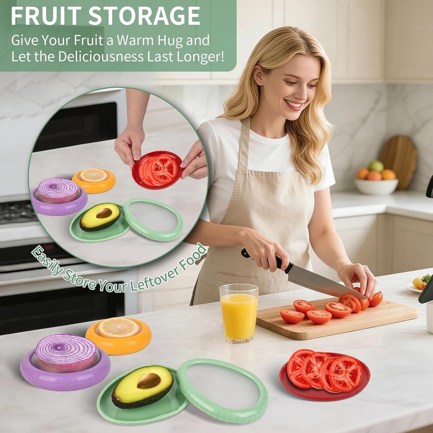 Avocado Saver Set of 4 Stretch Silicone & Plastic Food Storage Pods, Reusable Leak-Proof Produce Containers for Fridge, Keep Onion Lemon Tomato Vegetable Fresh