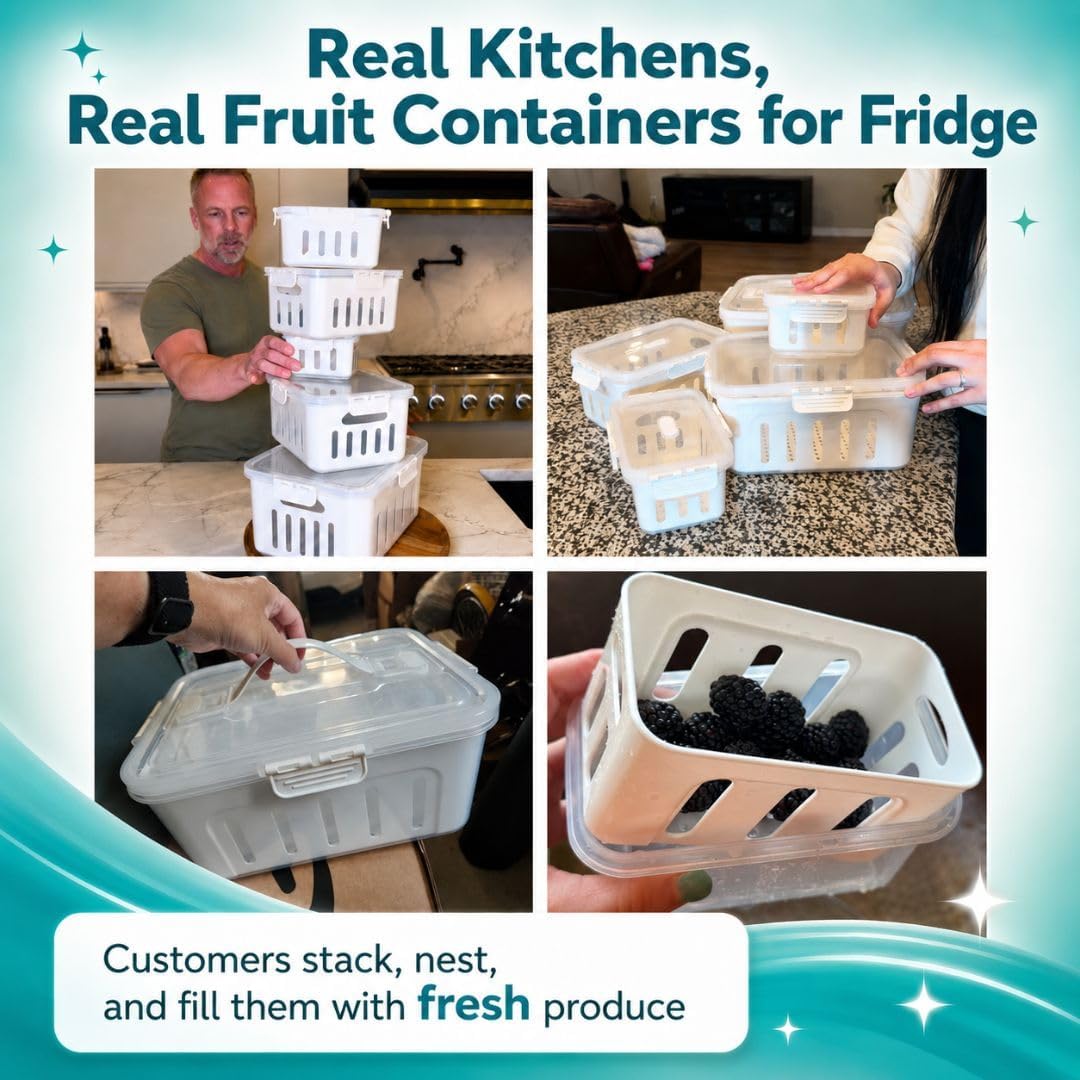 Fruit Containers for Fridge 5 Pack Airtight with Colander Lids