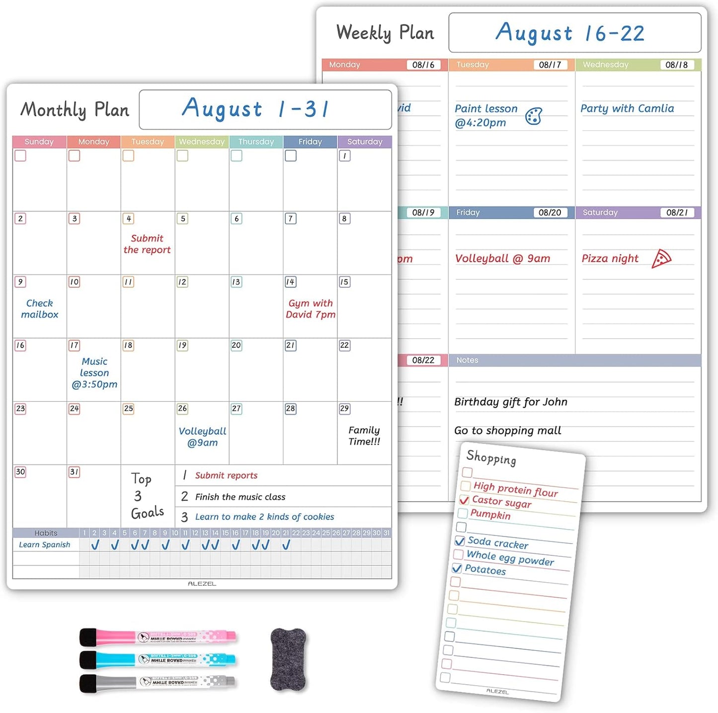 ALEZEL Magnetic Fridge Calendar Whiteboard, Dry Erase Refrigerator Calendar | Includes Magnetic Dry Erase Monthly & Weekly Planner for Fridge, Grocery List White Board, 3 Markers + Eraser