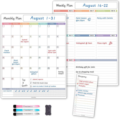 ALEZEL Magnetic Fridge Calendar Whiteboard, Dry Erase Refrigerator Calendar | Includes Magnetic Dry Erase Monthly & Weekly Planner for Fridge, Grocery List White Board, 3 Markers + Eraser