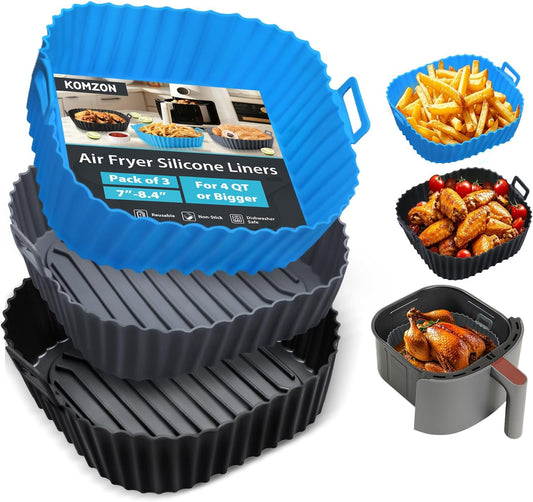 Komzon Silicone Air Fryer Liners Reusable 3 PCS, Airfryer Liners, Silicone Air Fryer Basket Liners Square, Food Grade AirFryer Accessories 4-7 QT, Ktchen Gadgets for Pot Oven Liner Baking Tray Pan