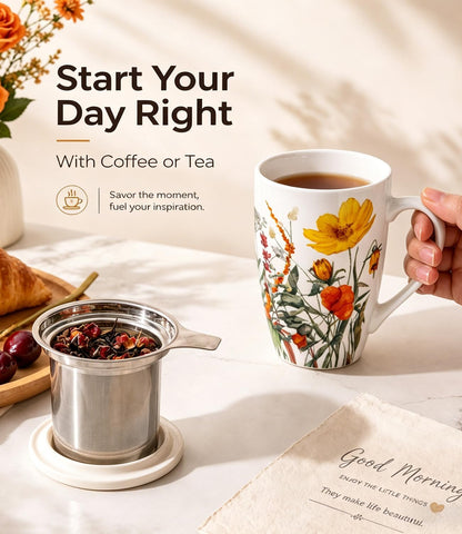 AmorArc Tea Cup With Infuser and Lid, 18oz Loose Leaf Tea Mug With Steeper | Porcelain Tea Mug With Infuser and Lid, Strainer Tea Cup for Tea Lovers, Home & Office, Housewarming Birthday Gift