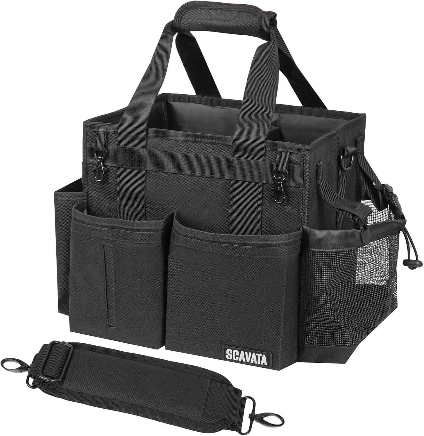 SCAVATA Compact Wearable Cleaning Caddy with Handle & Shoulder Straps | Small Cleaning Supplies Organizer, Under Sink & Car Cleaning Tools Storage Bag for Housekeepers Cleaners, Black