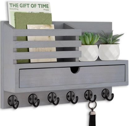 Key Holder Wall Mount, Mail Holder with Storage Drawer | Key and Mail Holder with 5 Key Hooks for Coat, Dog Leash, Home Decor Rack, House Accessories, Entry Way Organizer