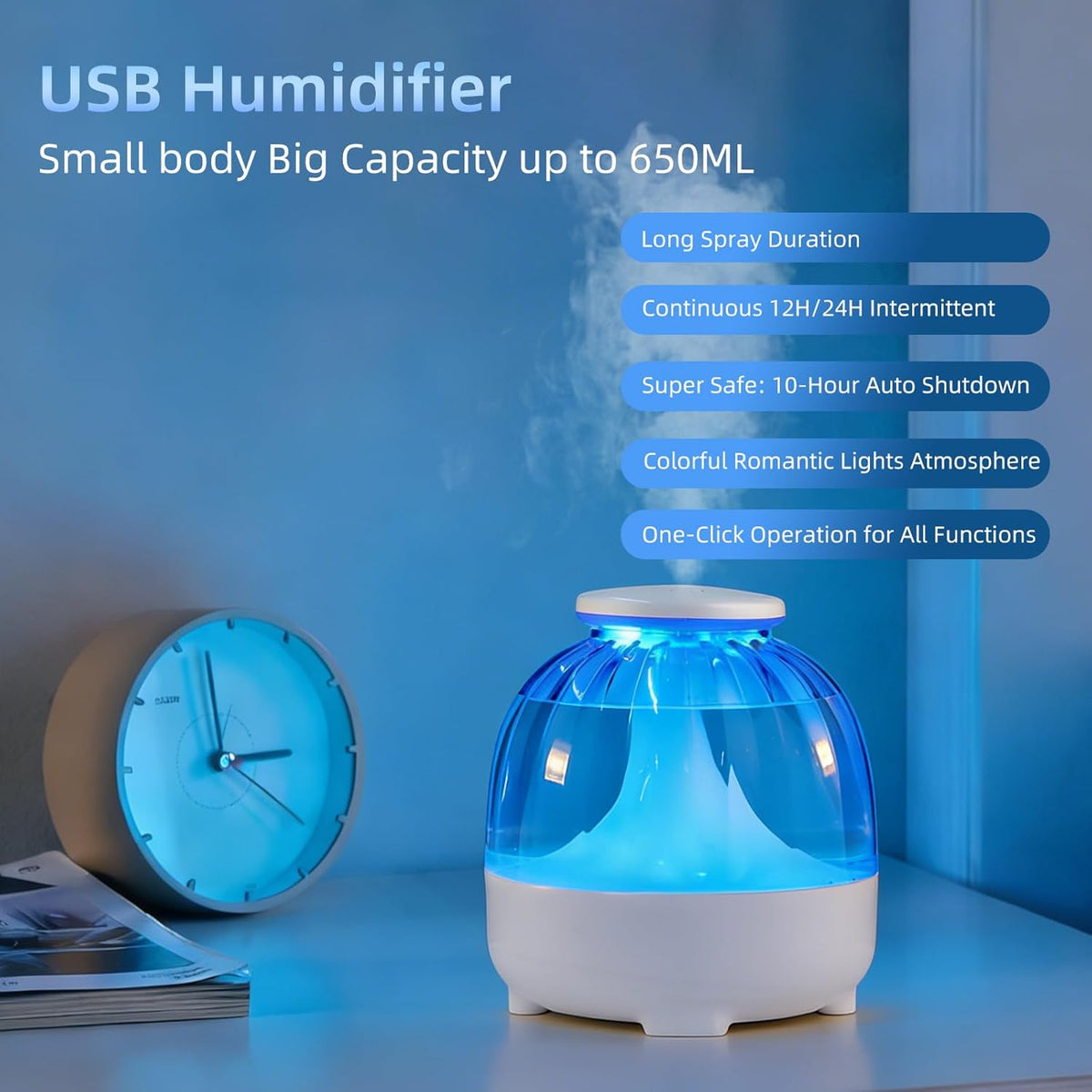 650ml USB Humidifiers for Bedroom Cool Mist Humidifier Quiet Air Humidifiers USB humidifiers for Living Room Home Office,2 Mist Modes,Night Light White