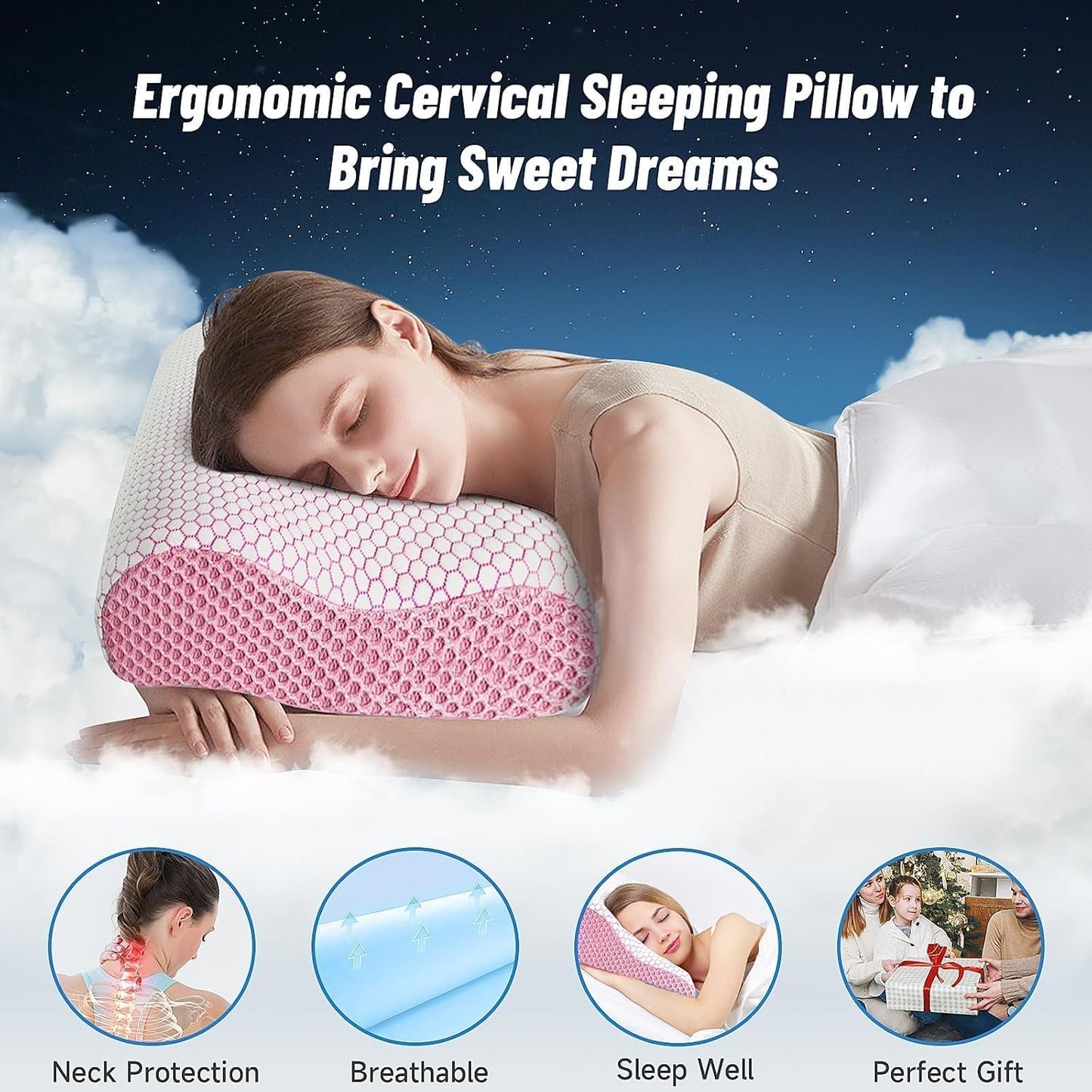 Neck Pillow for Sleeping, Ergonomic Cervical Bed Pillow, Blue Standard Size | Memory Foam Bed Pillow for Side Back Stomach Sleepers, Contour Fit Neck Pillow for Sleeping and Neck Pain Relief