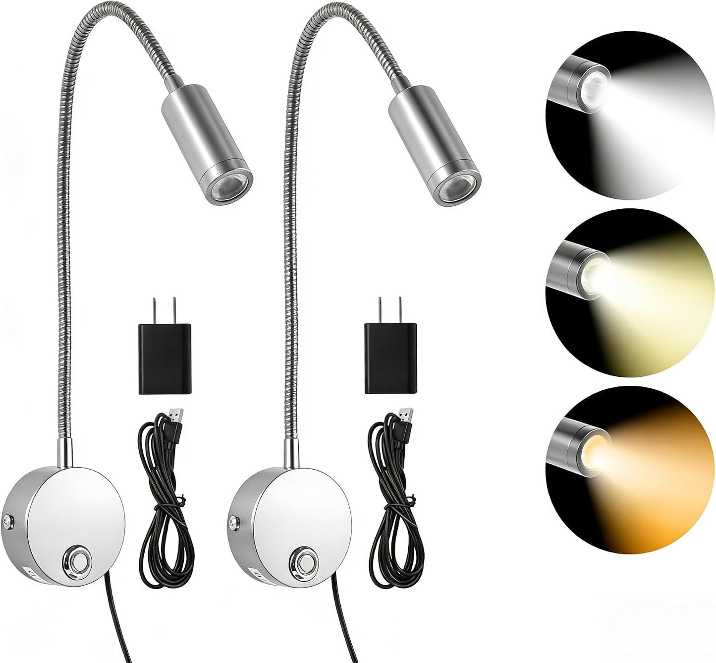 Reading Light for Bed, Wall Mounted Reading Lights with 15" Flexible Gooseneck, Touch Control, 3 Colors Temperature and Stepless Dimmable, Plug in Headboard Book Light(2 Pack)