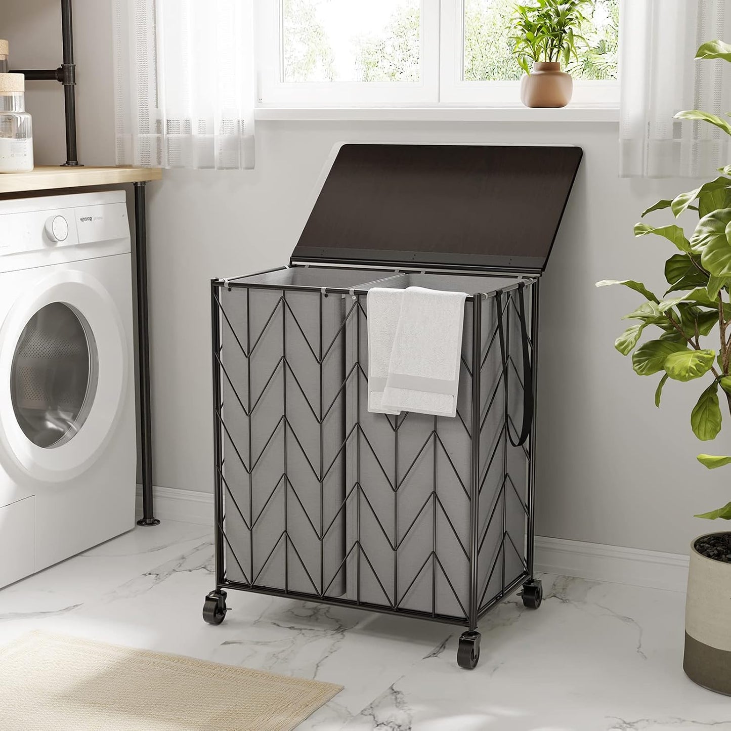 WOWLIVE Laundry Hamper 3 Section with Lid, 142L Laundry Basket with Wheels | Rolling Dirty Clothes Hamper with Removable Bags, Large Iron-Made Laundry Basket Organizer Laundry Sorter for Dorm, Beige