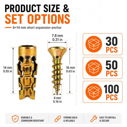 6×14mm Short Expansion Screw Set for Cabinet Hinge Repair, Expansion Anchor | Cabinet Hinge Screws for Stripped Hole Repair, Door Hinge Repair Kit, 30/50/100 pcs Wall Anchors and Matching Screw (30PCS)